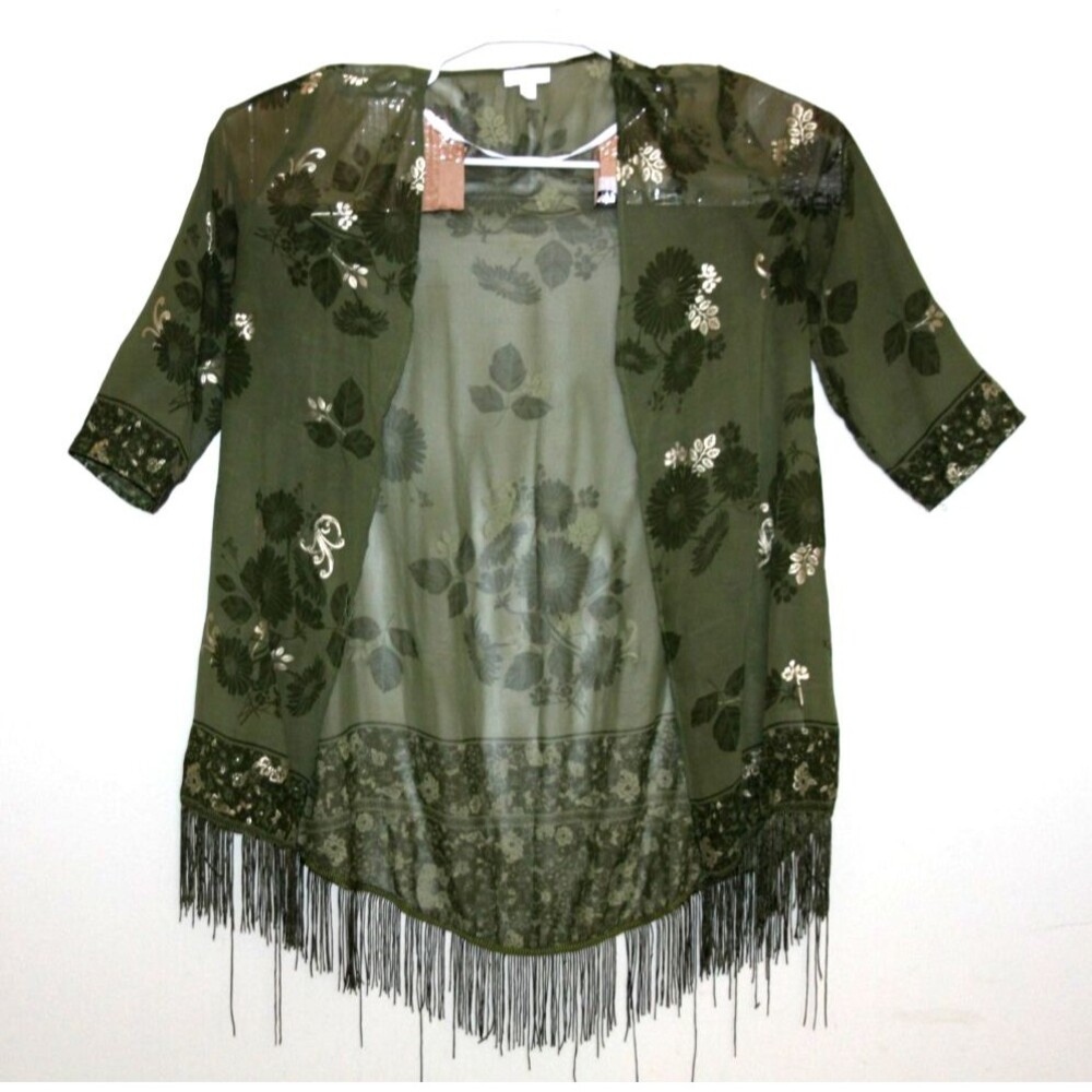 C Wonder Womens Sheer Green Floral Fringe Kimono Duster Pool Beach Swim Cover Sm